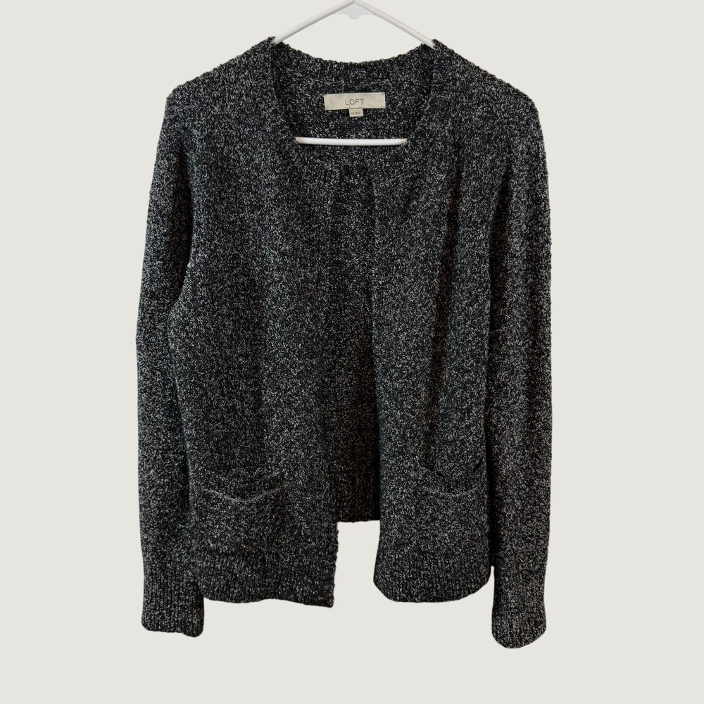 LOFT Womens Black White Marled Open Front Cardigan Sweater Size XS Pockets